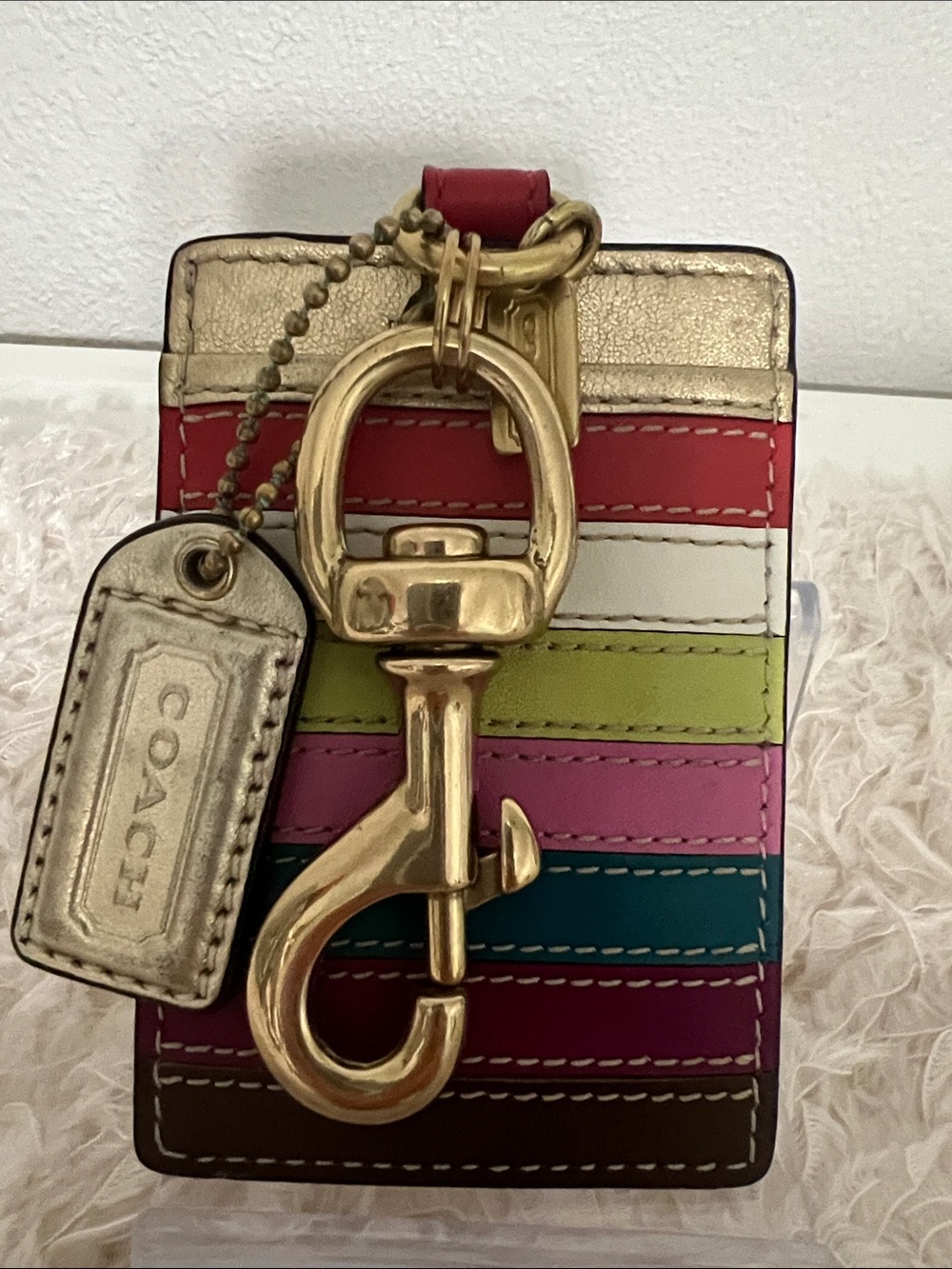 Coach Rare Legacy Striped Card Holder Key Fob with Gold Hardware